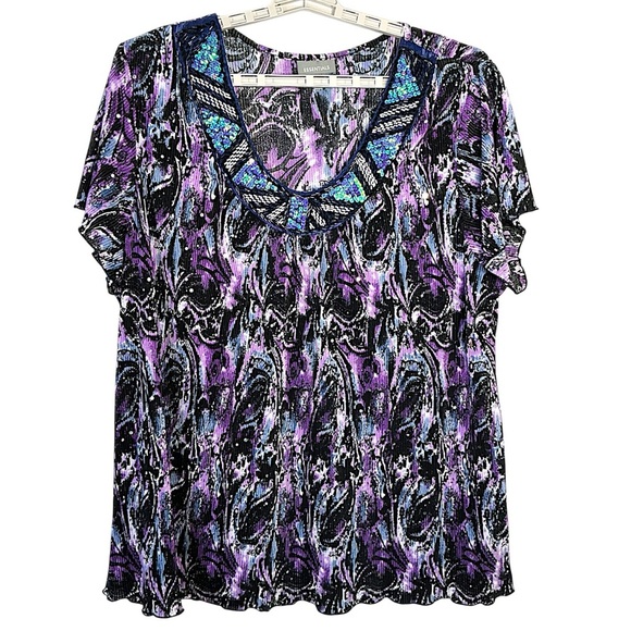 Essentials Tops - Essentials Sequin Top Beaded Flutter Sleeve Pullover Blouse Purple Teal Plus 3X